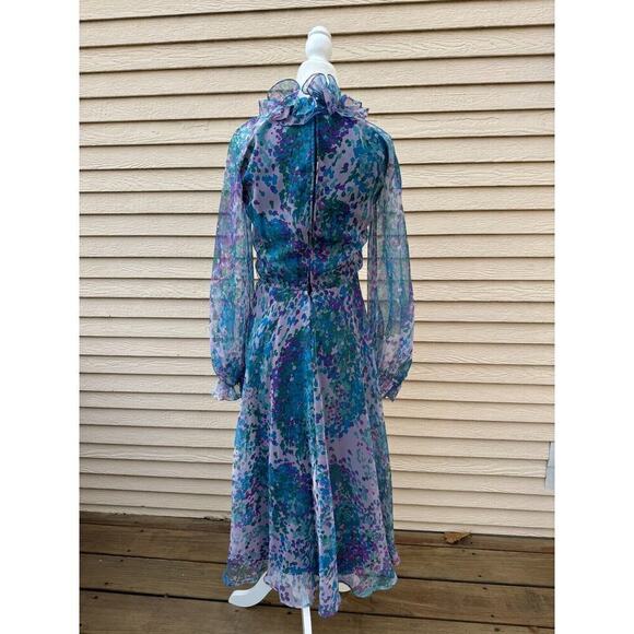 Vtg 60s Ruffle Maxi Dress M 6 8 Purple Floral Long Sleeve Modest Fairy Retro - Picture 5 of 11